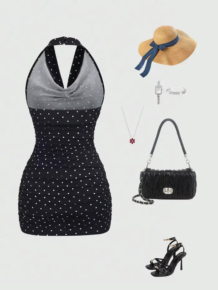 Robe moulante sexy à pois noirs et blancs pour femme