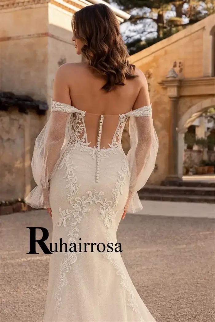 Ruhair élégant robe De mariée bouton Appliques hors De l'épaule trompette haute fente Tulle robes De Novia Brautmode personnalisé