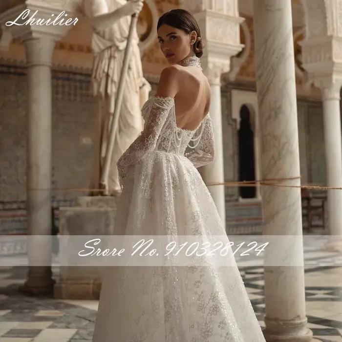 Lhuilier personnalisé une ligne Illusion dentelle robes de mariée hors de l'épaule perlée