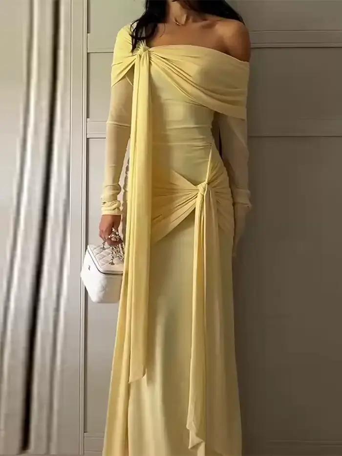 Col incliné ruban plissé longueur au sol robe femmes Chic à manches longues taille cintrée hanche paquet Robes de