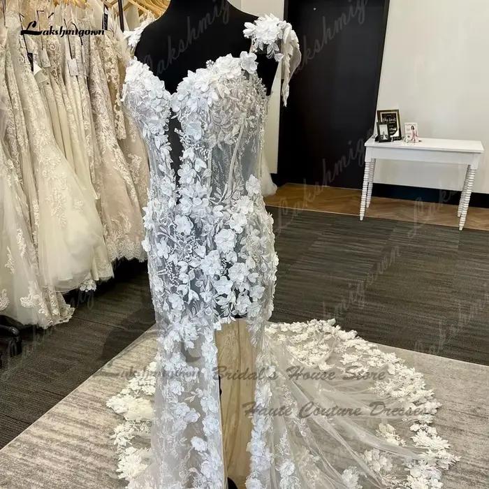 Yanshmigown-Robe de mariée sirène en dentelle florale personnalisée