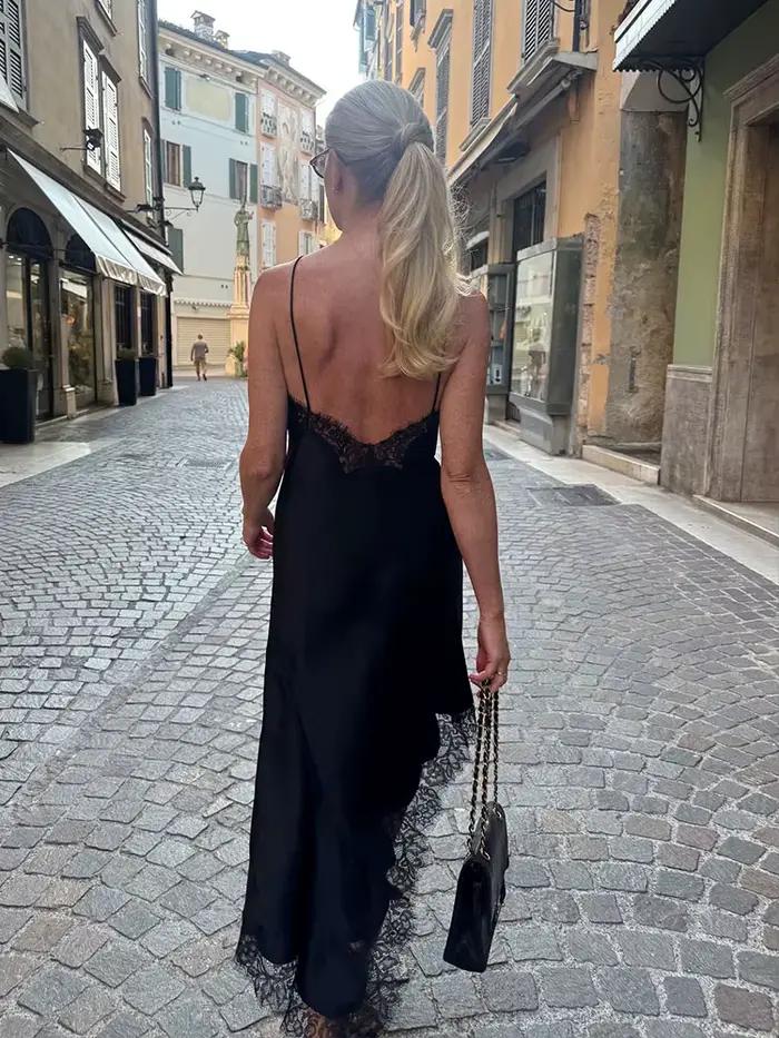 Robe longue en satin HH avec décolleté dos nu et dentelle pour femmes, style asymétrique, sans manches, polyester, pour occasions spéciales et décontraction printemps été