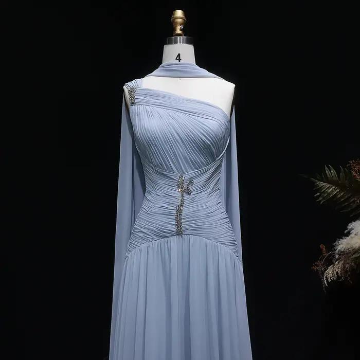 Robe de soirée élégante Sharon Said gris-bleu à une épaule