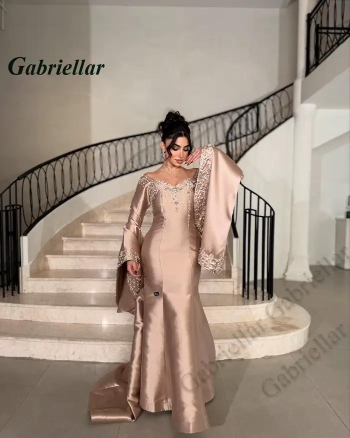 Gabriellar robes de bal à la mode pour femmes col en V manches longues évasées cristal Occasion spéciale robe Satin sirène personnalisé