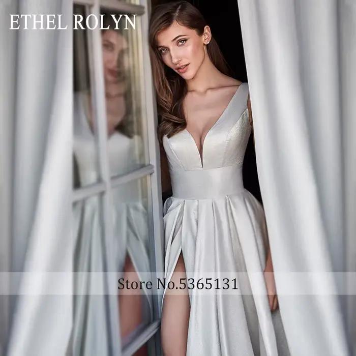 ETHEL ROLYN Robe De mariée trapèze élégante col en v Satin dos nu à lacets robes