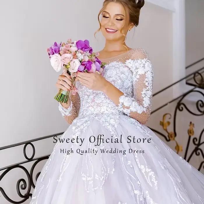 Robe de Mariée de Luxe en Dentelle avec Manches sulfet Col Rond