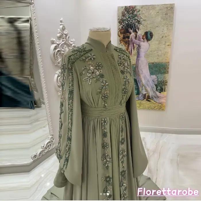 Florettarobe caftan marocain robe de soirée musulmane a-ligne manches longues en mousseline de soie Applique dubaï arabe Abaya islamique personnalisé