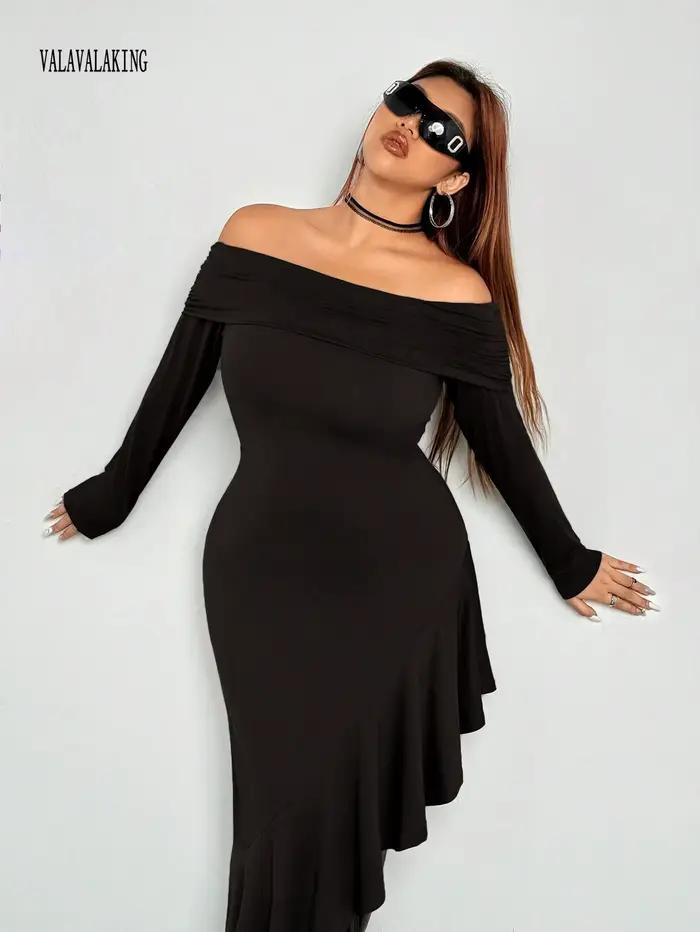 2025 Sexy noir hors de l'épaule grande taille robe longue femmes été à volants Midi