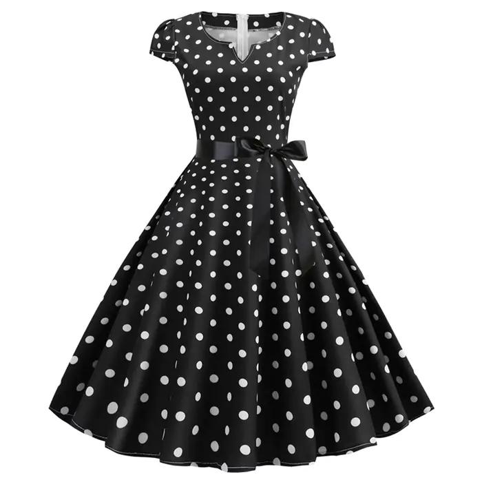 Femme robes rétro Audrey Hepburn années 1950 60 Rockabilly à pois imprimé nœud papillon Pinup Robe de bal