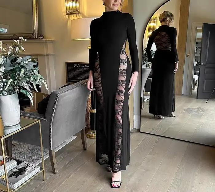 Vêtements pour femmes automne et hiver nouvelle couleur unie dentelle épissage Sexy enveloppé dans les hanches robe à manches longues