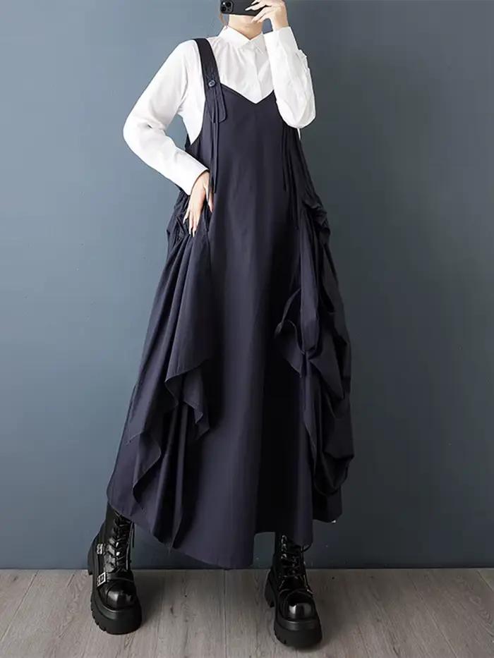 Robe plissée sans manches noire Vintage à bretelles pour femmes