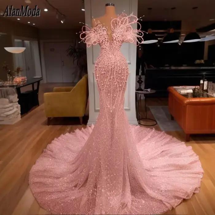Robe de soirée rose personnalisée avec perles et cristal pour femmes, soirée officielle, mariage, gala, occassions spéciales