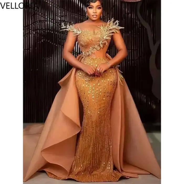 Robe Aso Ebi trapèze à paillettes dorées