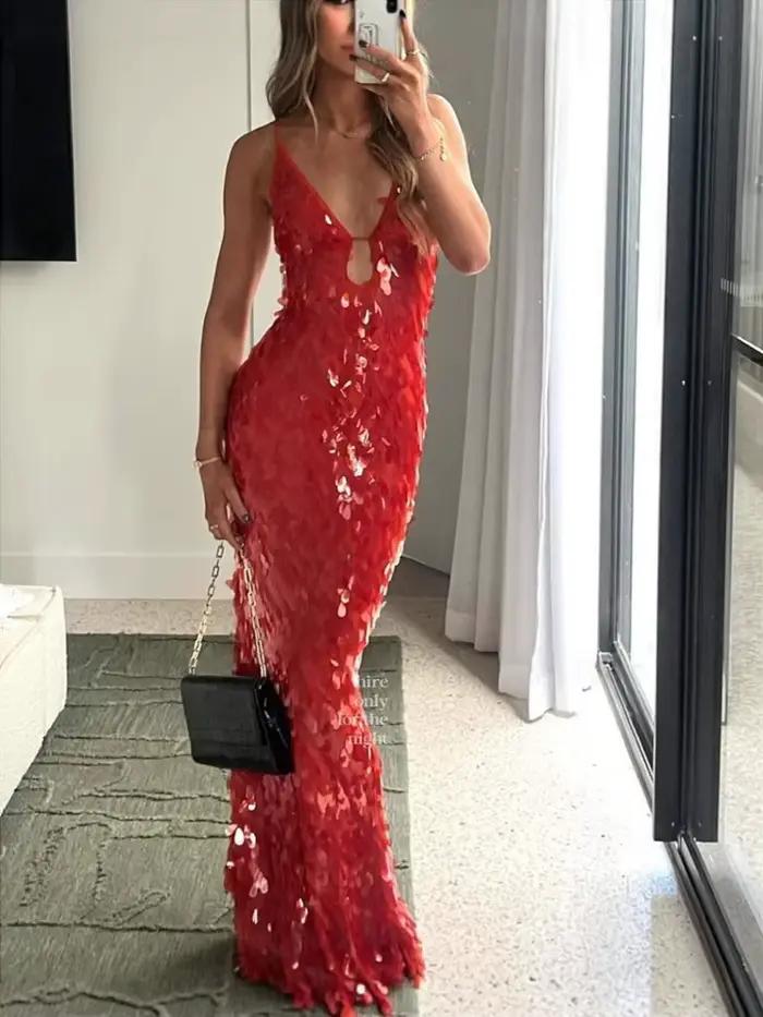 Robe de soirée élégante à bretelles avec paillettes pour femmes - Brillante et glamour