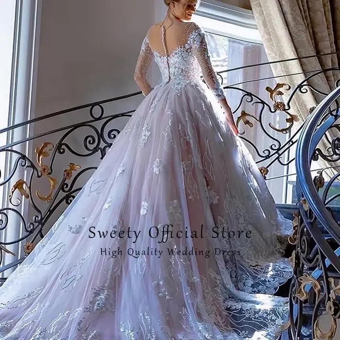 Robe de Mariée de Luxe en Dentelle avec Manches sulfet Col Rond