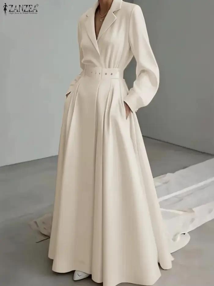 Femmes automne OL Robe de travail ZANZEA 2025 élégant revers à manches longues robes de bureau solide ceinturée
