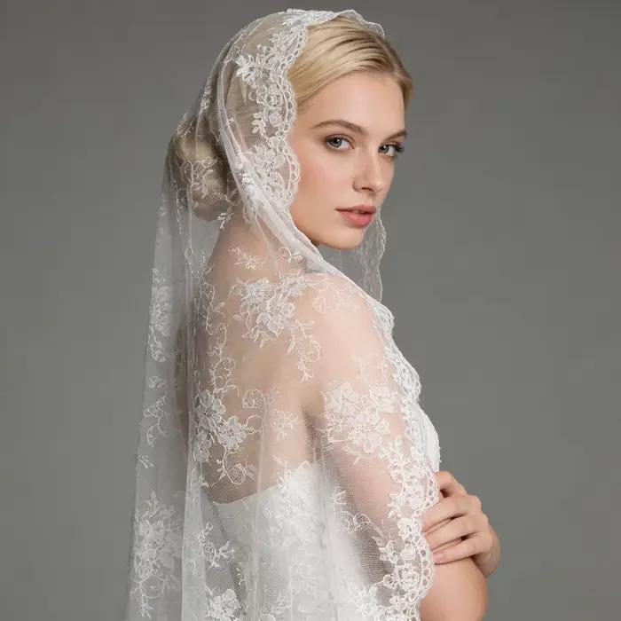 Voile de mariée élégant de style espagnol avec bordure en dentelle complète et superposition transparente