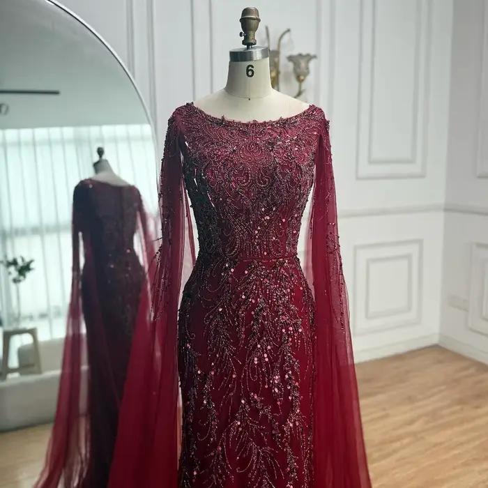 Arabie saoudite bleu perlé sirène robe de soirée élégante Cape manches bateau cou