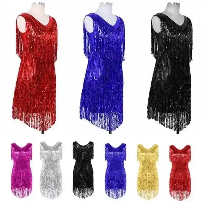 Robe de danse latine à franges et sequins pour femmes