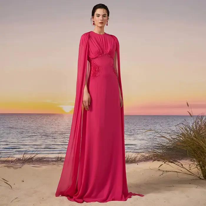 Robe de soirée en mousseline de soie fuchsia col rond personnalisé sans manches avec perles robe de bal de fin d année soirée élégante à offrir femmes occasions spéciales