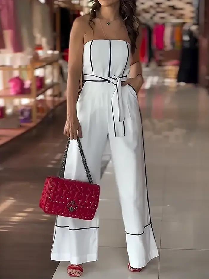 Combinaison chic sans manches pour femme avec ceinture ajustable – Pantalon blanc à jambes larges