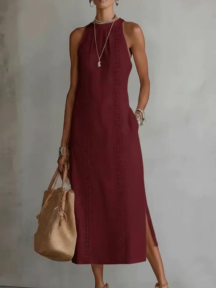 Collection Printemps 2026 Vêtements Femme : Robe de Vacances à Col Noué avec Accents en Dentelle Couleur Unie