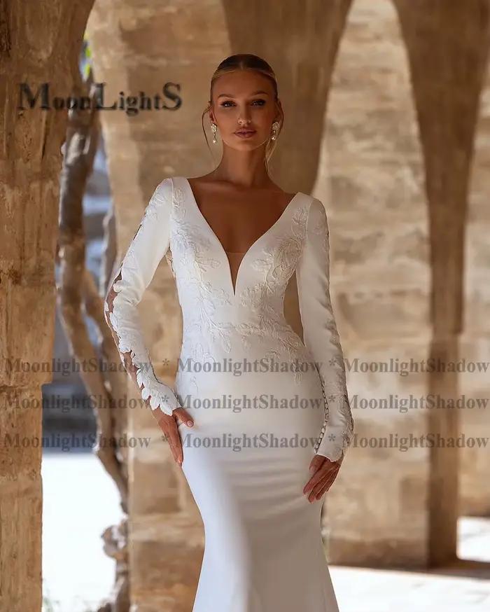 Moonlight charmante sirène robes De mariée pour les femmes dentelle Appliques col en V robe De soirée De Mariage