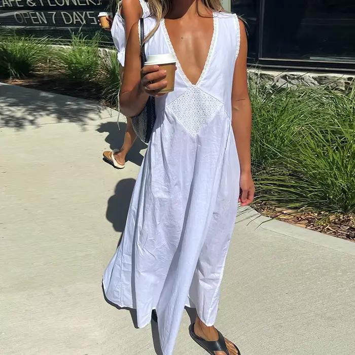 Vintage Y2K esthétique sortir plage une ligne robes femmes dentelle col en V robe Maxi Boho