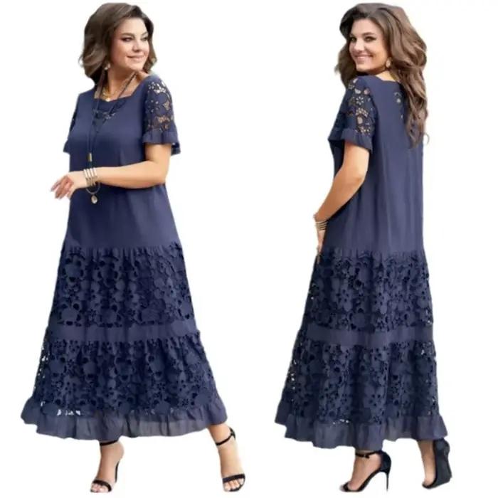 Robe longue femme coupe trapèze Y2K Streetwear à manches courtes dentelle ajourée patchwork élégante ample pour le travail printemps 2026