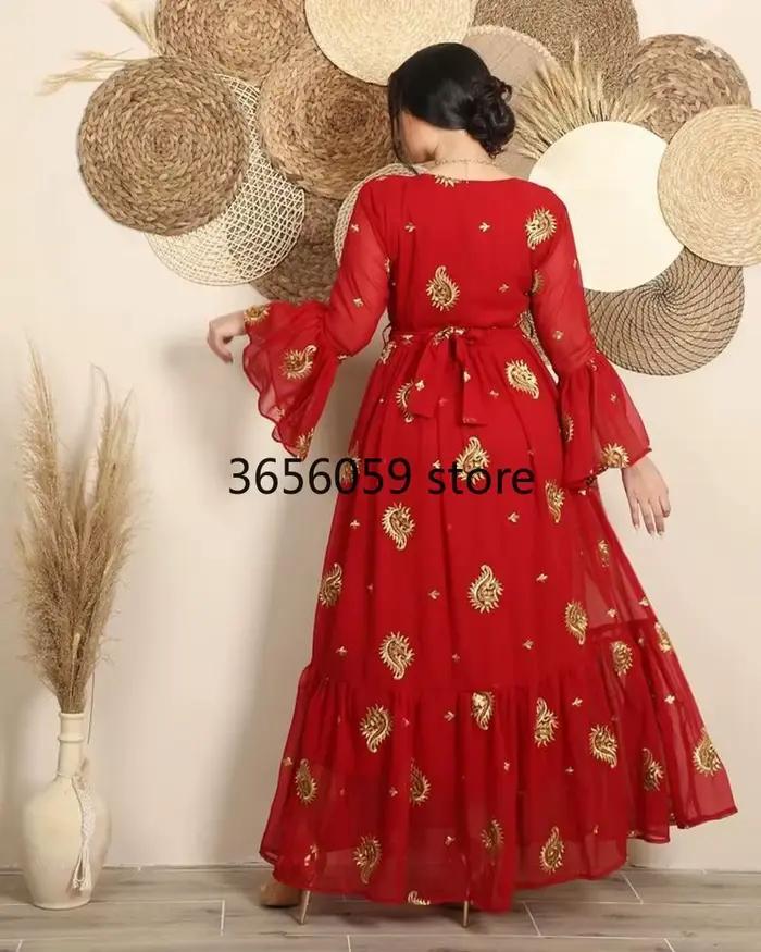 Abaya Jalabiya-Robe rouge brodée à manches évasées