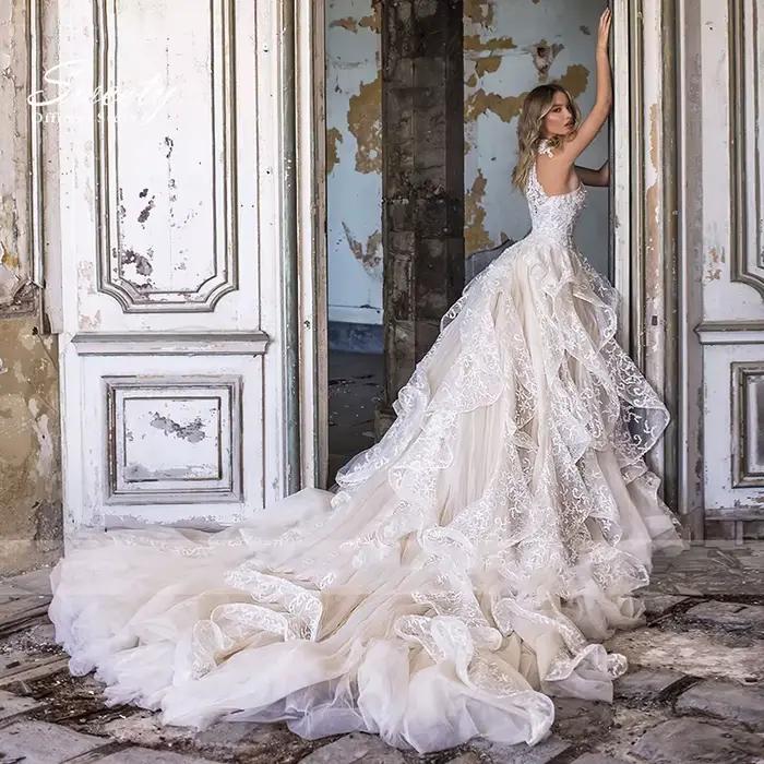Robe de Mariée de Luxe en Dentelle Brodée sur Filet