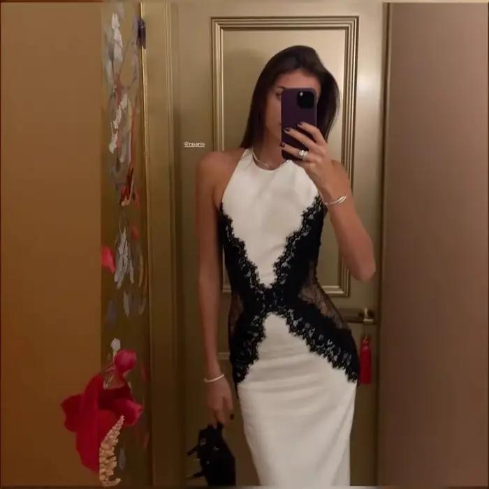 Élégant blanc robe longue femmes licou dos nu décontracté noir dentelle Patchwork fente Maxi robes soirée Cocktail bal 2026