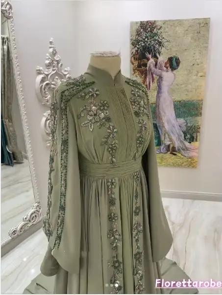 Florettarobe caftan marocain robe de soirée musulmane a-ligne manches longues en mousseline de soie Applique dubaï arabe Abaya islamique personnalisé