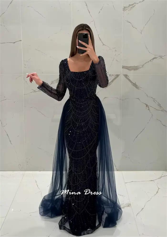Mina personnalisé gemme robe de bal manches longues robes de bal de luxe carré Leader