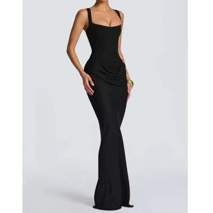 Nouvelle robe longue de style français avec coupe slim et bretelles en satin plissé