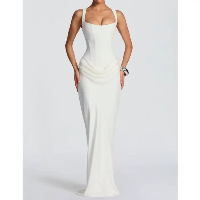 Nouvelle robe longue de style français avec coupe slim et bretelles en satin plissé