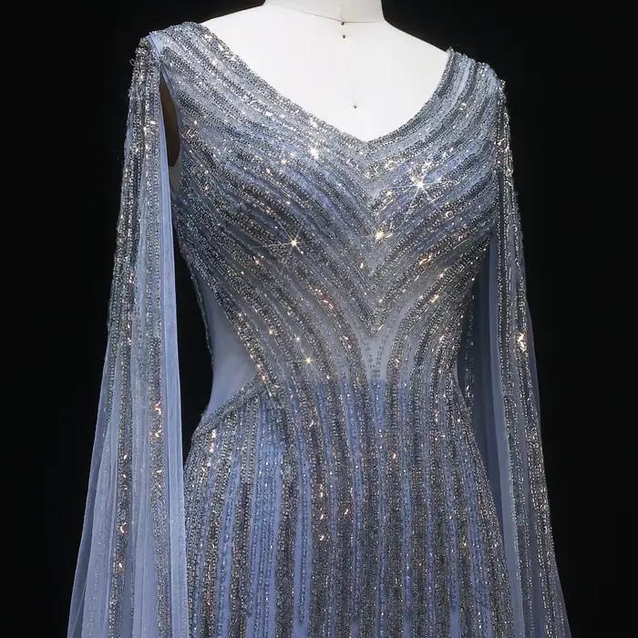 Sharon Said luxe bleu sirène arabe robe de soirée avec manches Cape élégant col en v femmes robes