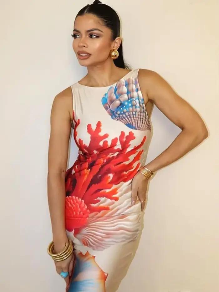 Robes longues imprimées corail pour femmes
