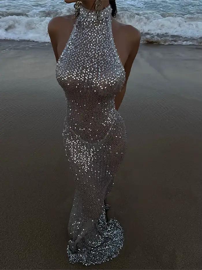 Robe longue sans manches à paillettes pour femme