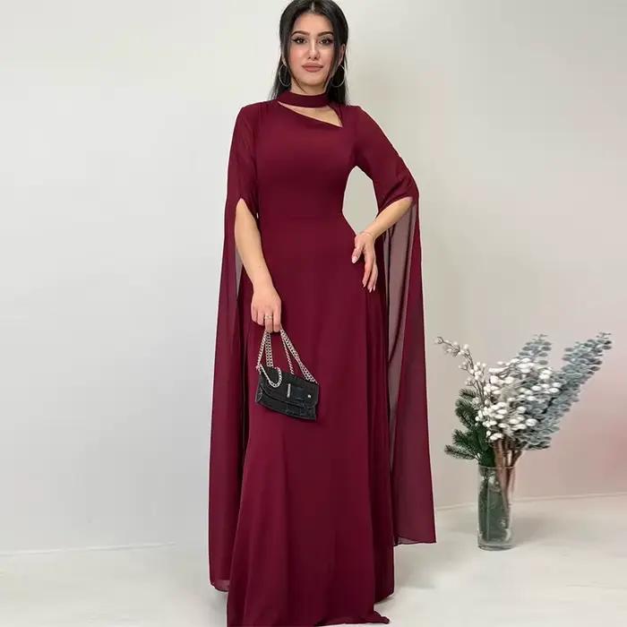 Robe longue femmes robes de soirée col rond pétales manches une ligne à lacets Sexy longueur de plancher taille serrée