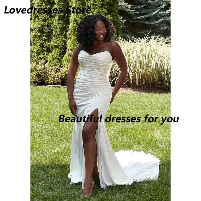 Robe de mariée pas cher personnalisée épaule dénudée une ligne Satin fente latérale balayage Train