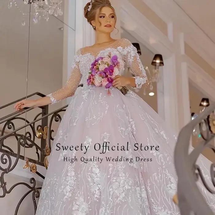 Robe de Mariée de Luxe en Dentelle avec Manches sulfet Col Rond