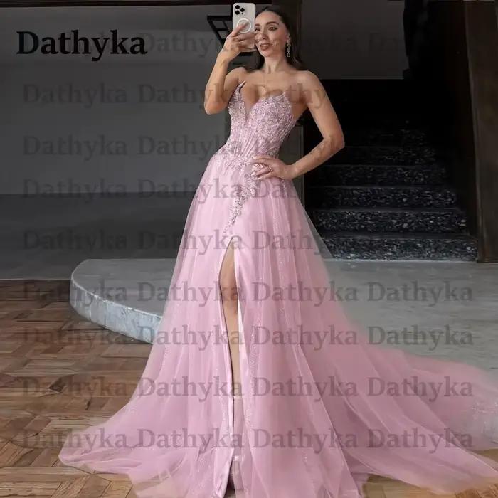 Dathyka glamour a-ligne robes De soirée pour les femmes Illusion paillettes Appliques fente Corset