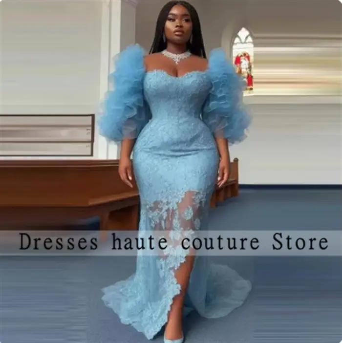 Robe de Soirée Africaine en Dentelle Bleue Personnalisée pour Femmes Occasions Spéciales Soirée Officielle Mariage Gala