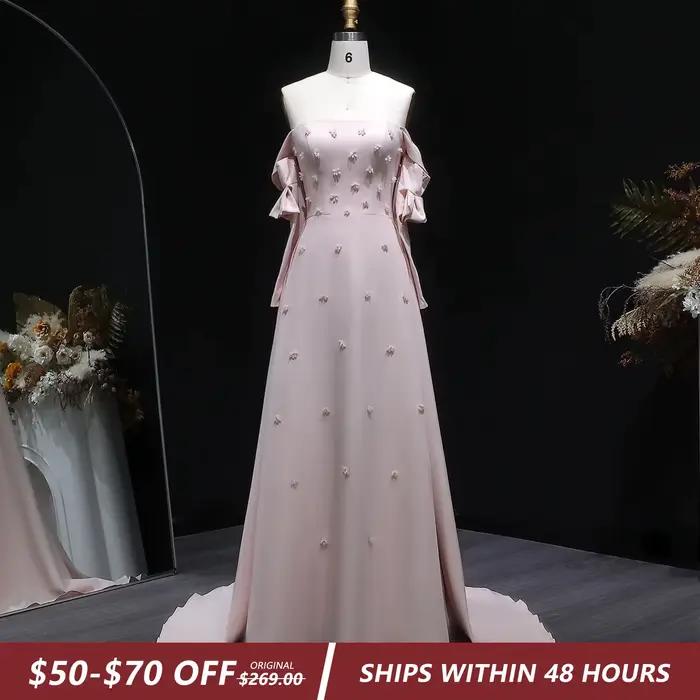 Sharon Said Robe de soirée rose élégante pour femme avec perles florales 3D surjupe à manches longues pour mariage SS540 personnalisable