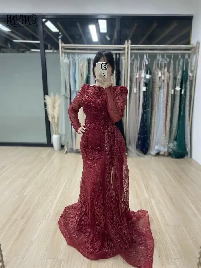 MYMB vin élégant manches longues perles dentelle mère de la robe de mariée arabe magnifique sirène robes de soirée pour la fête de mariage
