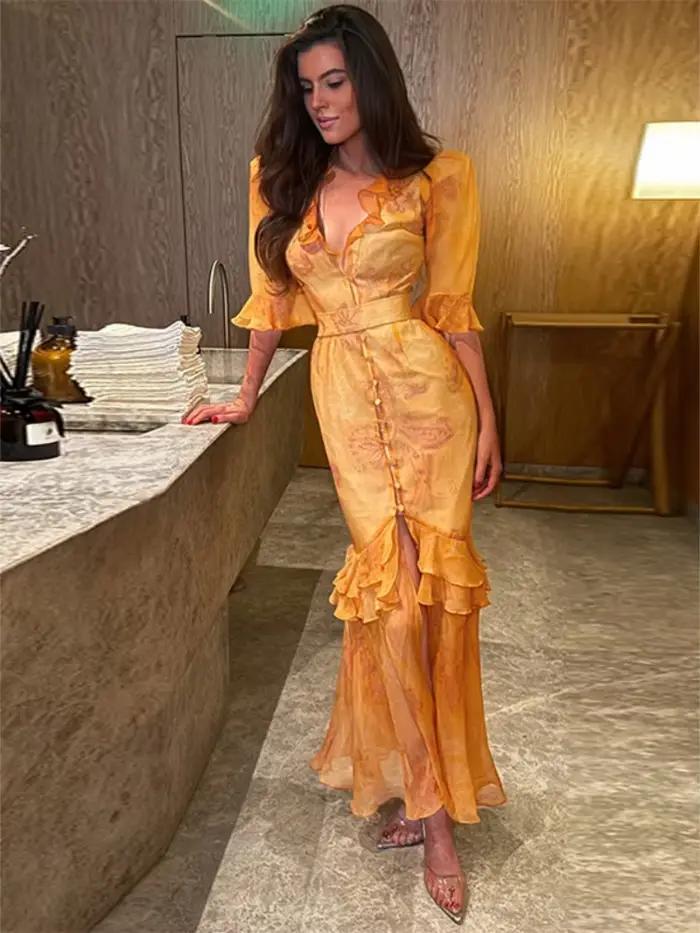 Robe longue chic pour femme col en V manches mi-longues fente haute cintrée à la taille avec volants occasions spéciales fêtes vacances été