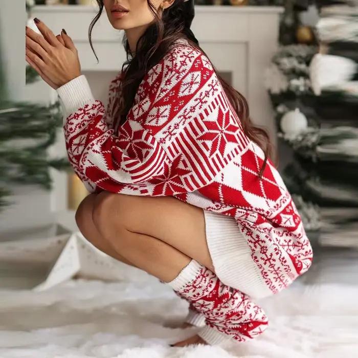 Robe pull imprimée flocons de neige pour femmes, élégante et ample, pour soirées de Noël et réceptions automne hiver