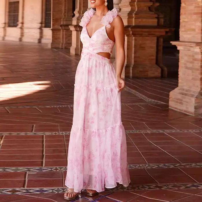 Robe longue plissée à bretelles pour femme