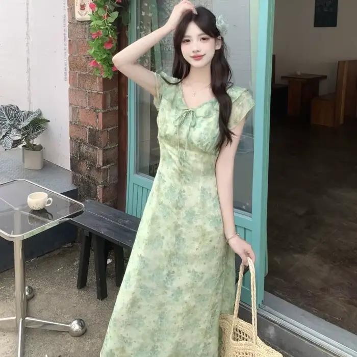 Robe longue sans manches à imprimé floral vert français